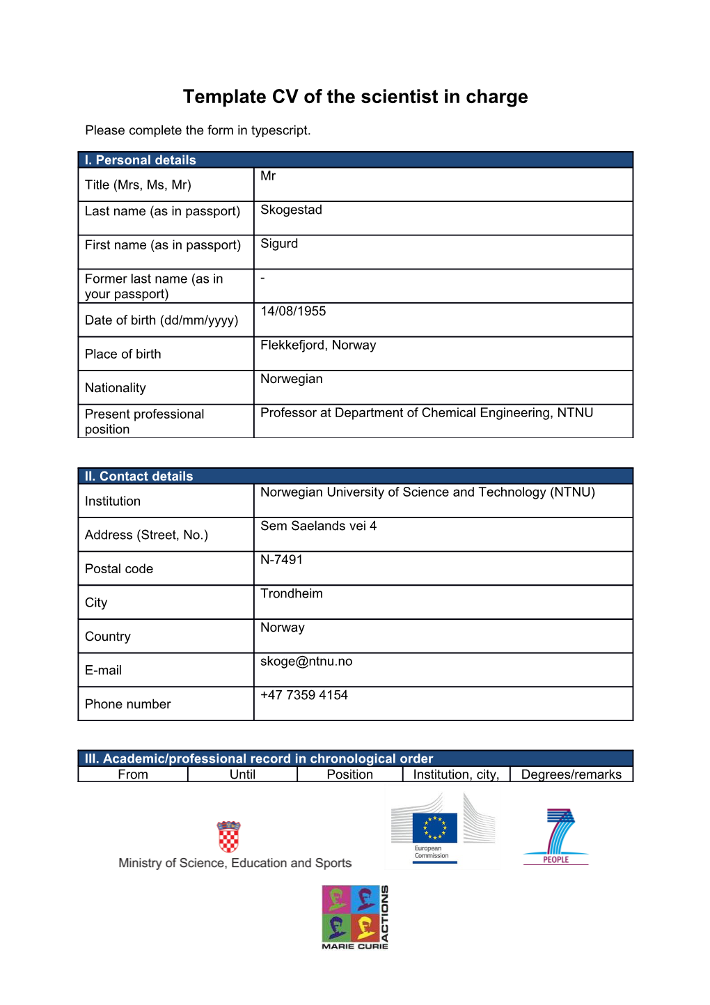 Template CV of the Scientist in Charge