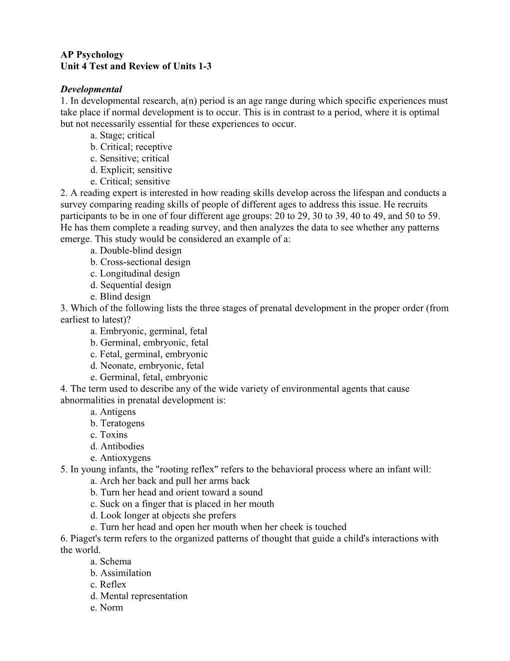 Unit 4 Test and Review of Units 1-3