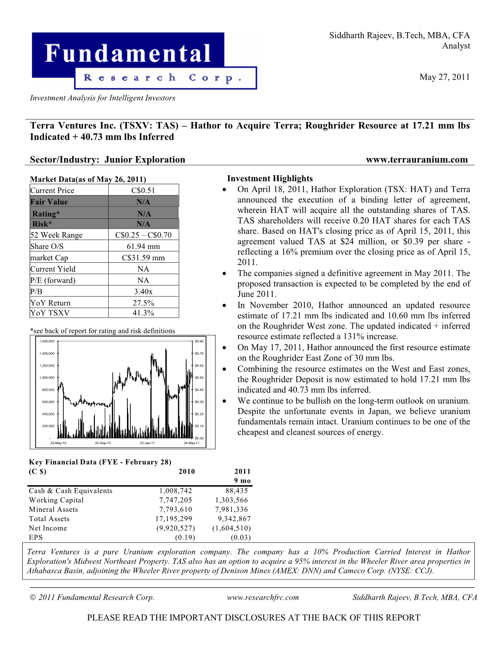 Terra Ventures Inc. (TSXV: TAS) – Hathor to Acquire Terra; Roughrider Resource at 17.21 Mm Lbs Indicated + 40.73 Mm Lbs Inferred