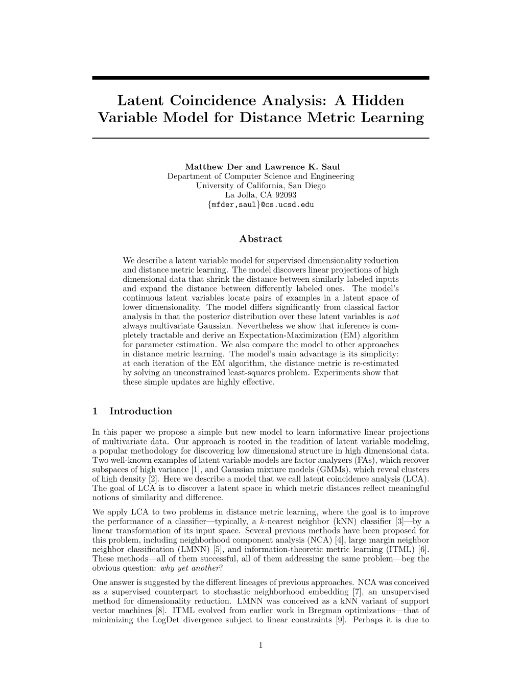 Latent Coincidence Analysis: a Hidden Variable Model for Distance Metric Learning