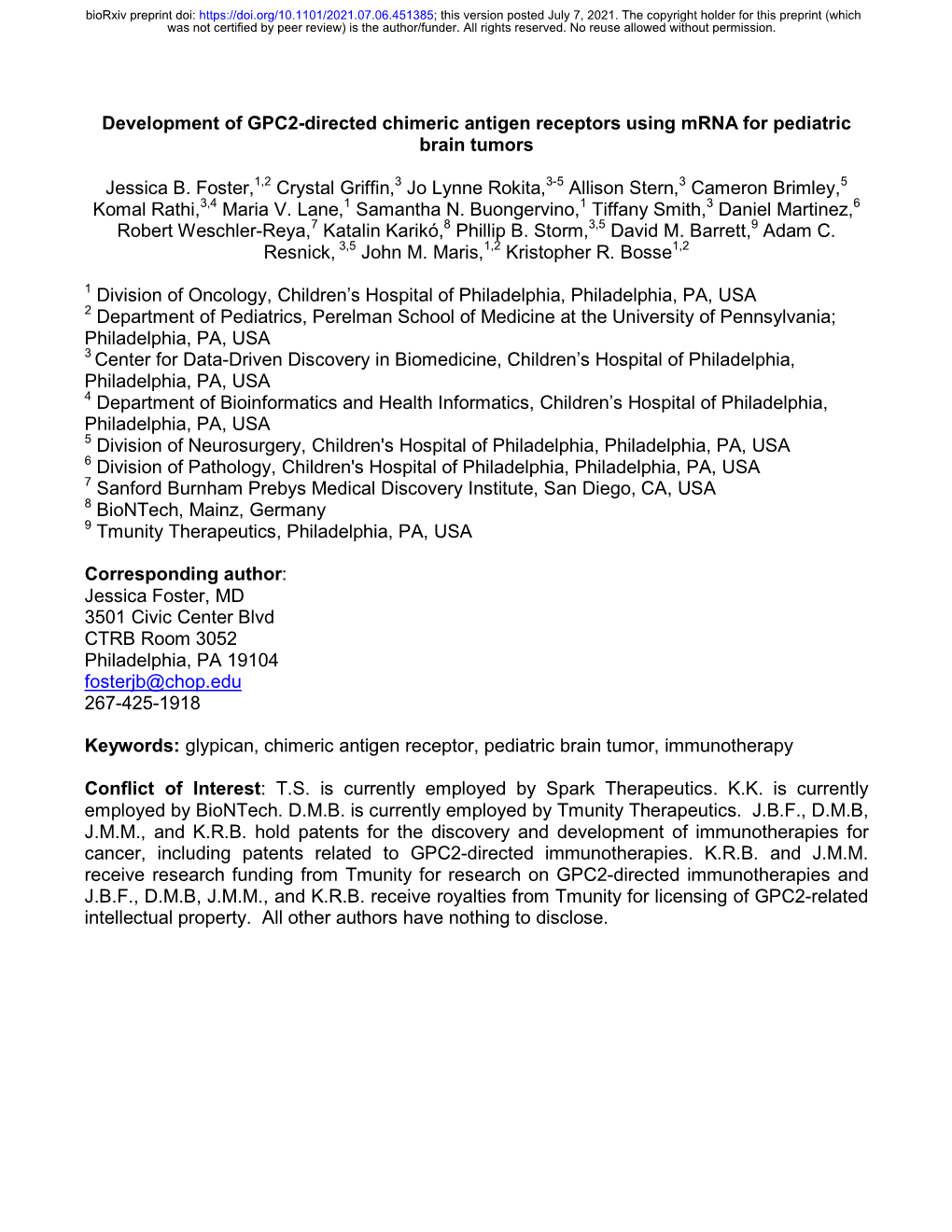 Development of GPC2-Directed Chimeric Antigen Receptors Using Mrna for Pediatric Brain Tumors