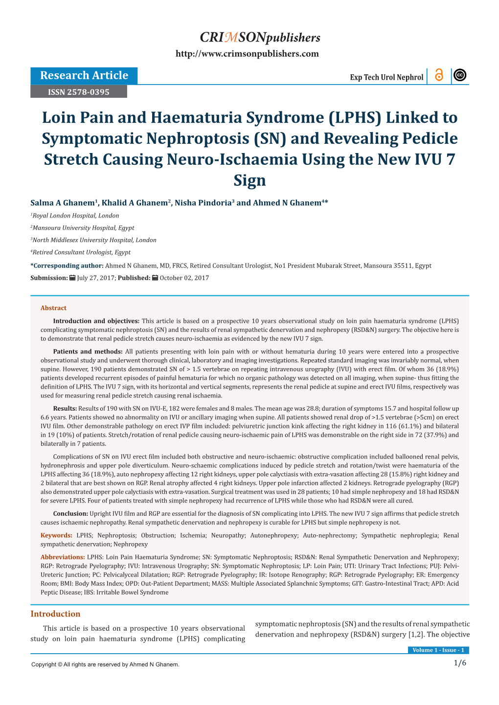 Loin Pain and Haematuria Syndrome (LPHS) Linked to Symptomatic Nephroptosis (SN) and Revealing Pedicle Stretch Causing Neuro-Ischaemia Using the New IVU 7 Sign