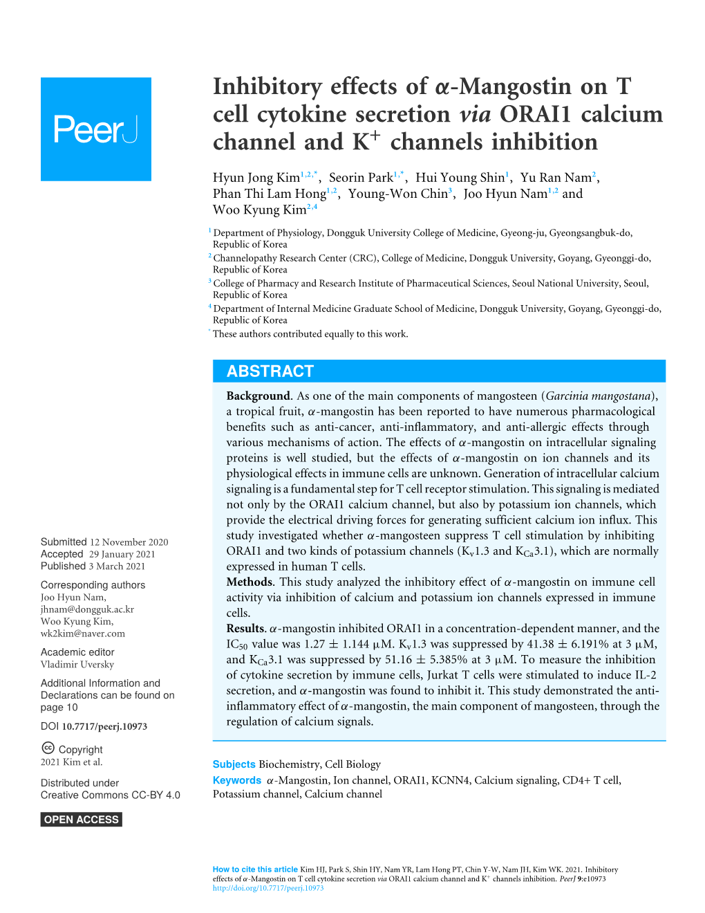 Inhibitory Effects of Α-Mangostin on T Cell Cytokine Secretion Via ORAI1 Calcium Channel and K+ Channels Inhibition