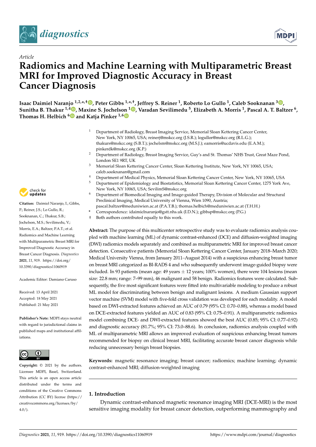 Radiomics and Machine Learning with Multiparametric Breast MRI for Improved Diagnostic Accuracy in Breast Cancer Diagnosis