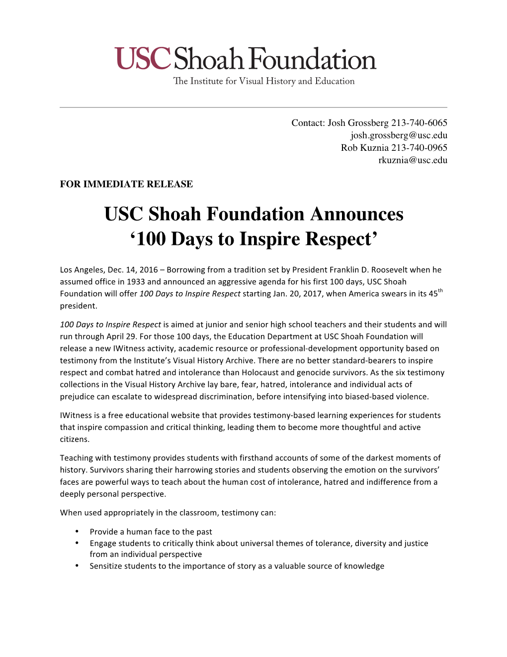 USC Shoah Foundation Announces '100 Days to Inspire Respect'