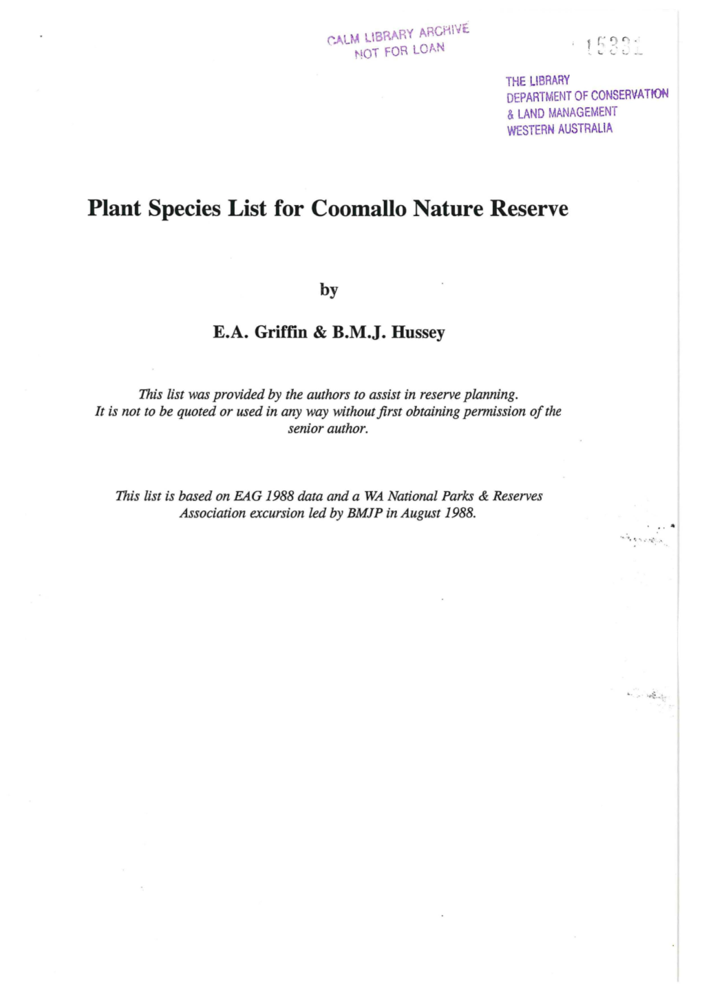 Plant Species List for Coomallo Nature Reserve