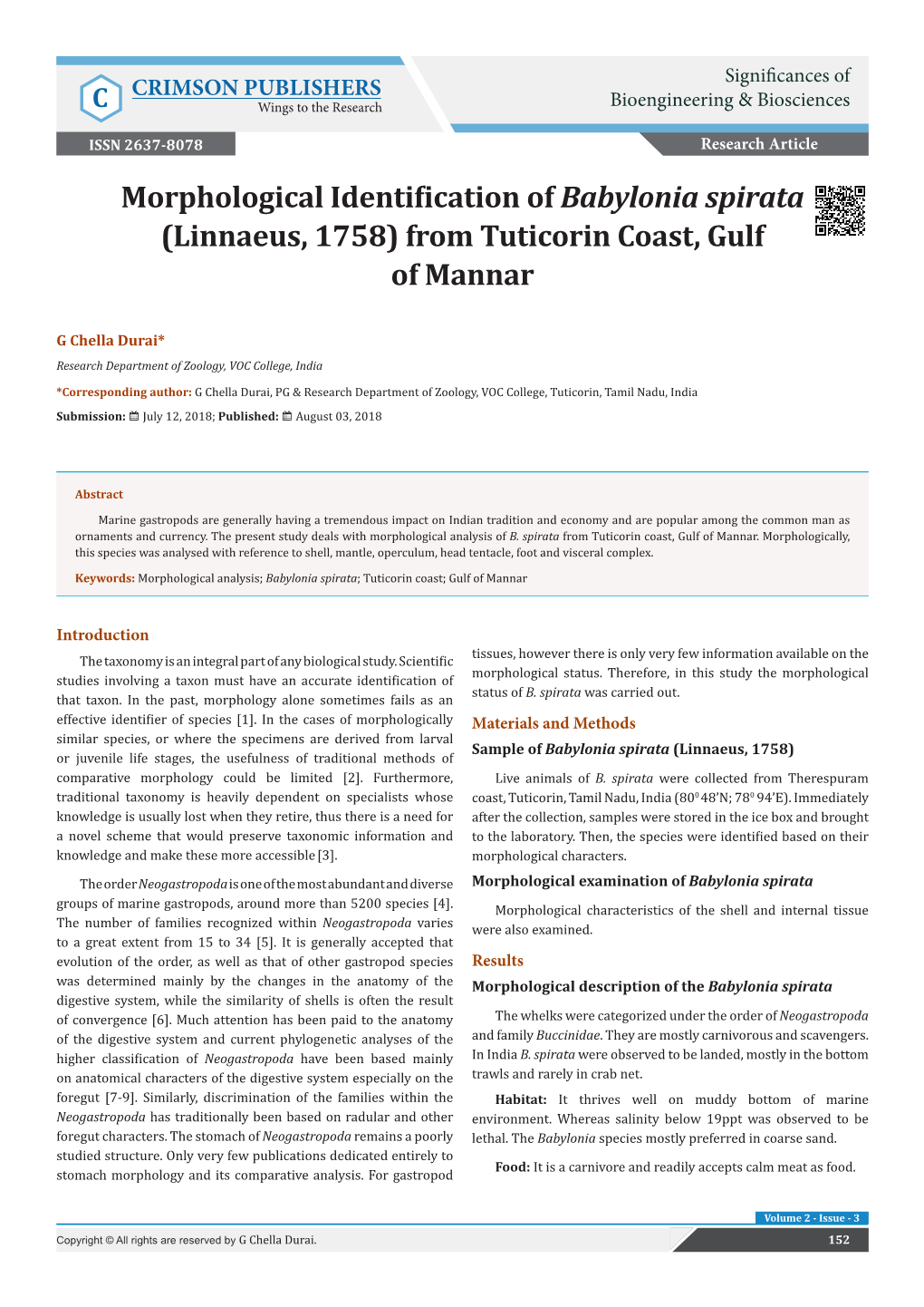 Morphological Identification of Babylonia Spirata (Linnaeus, 1758) from Tuticorin Coast, Gulf of Mannar