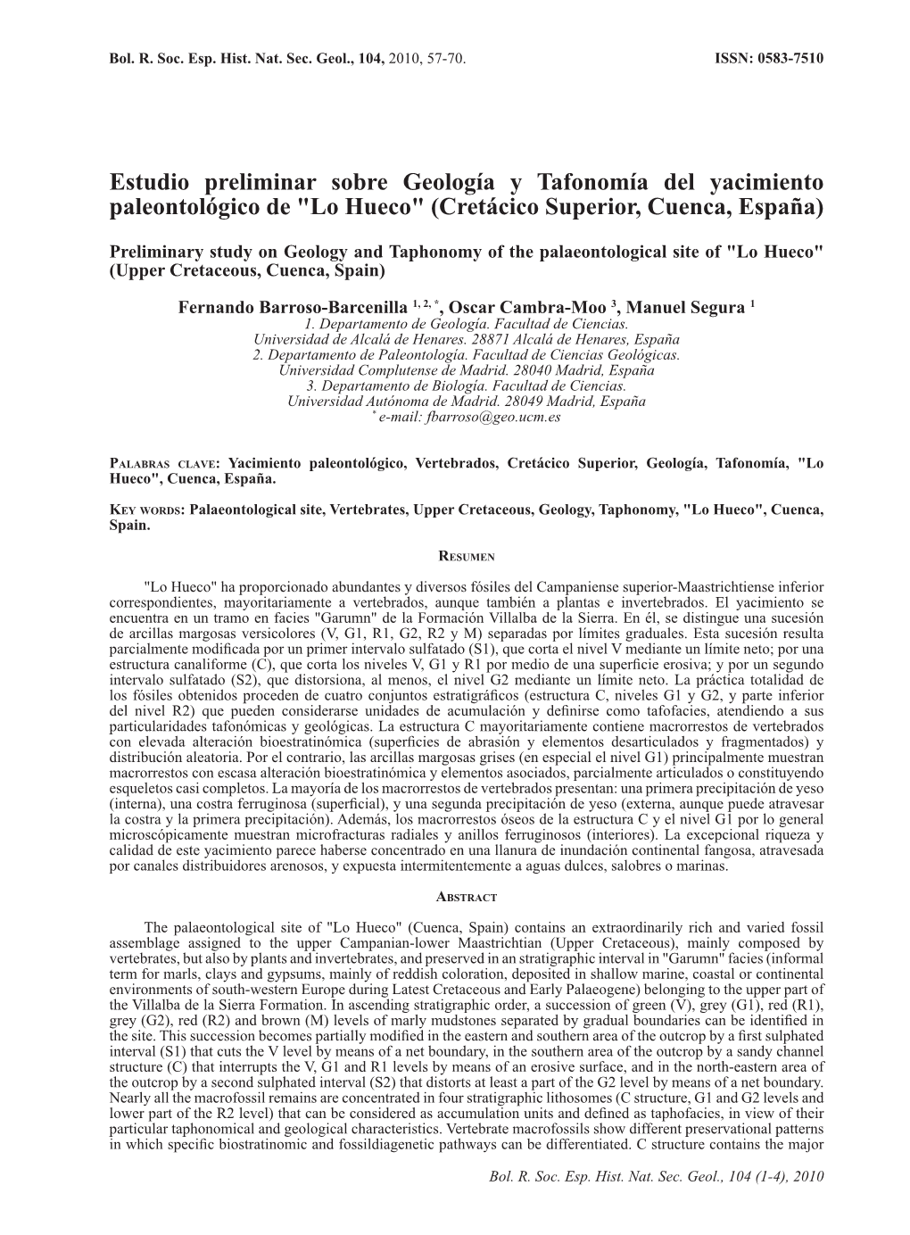 Estudio Preliminar Sobre Geología Y Tafonomía Del Yacimiento Paleontológico De "Lo Hueco" (Cretácico Superior, Cuenca, España)