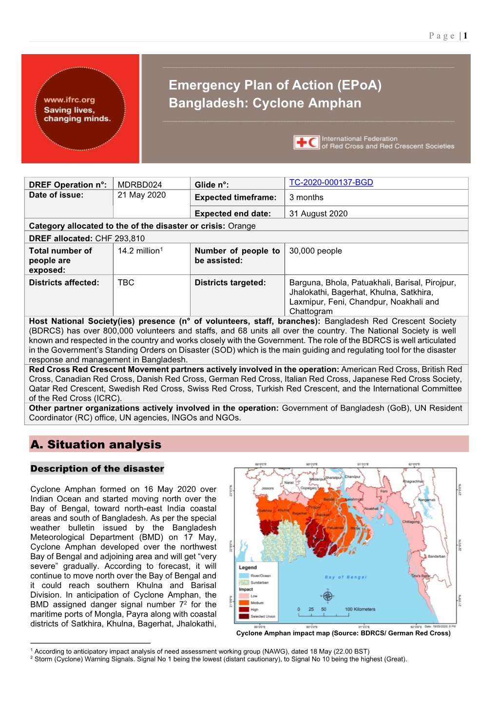 Emergency Plan of Action (Epoa) Bangladesh: Cyclone Amphan