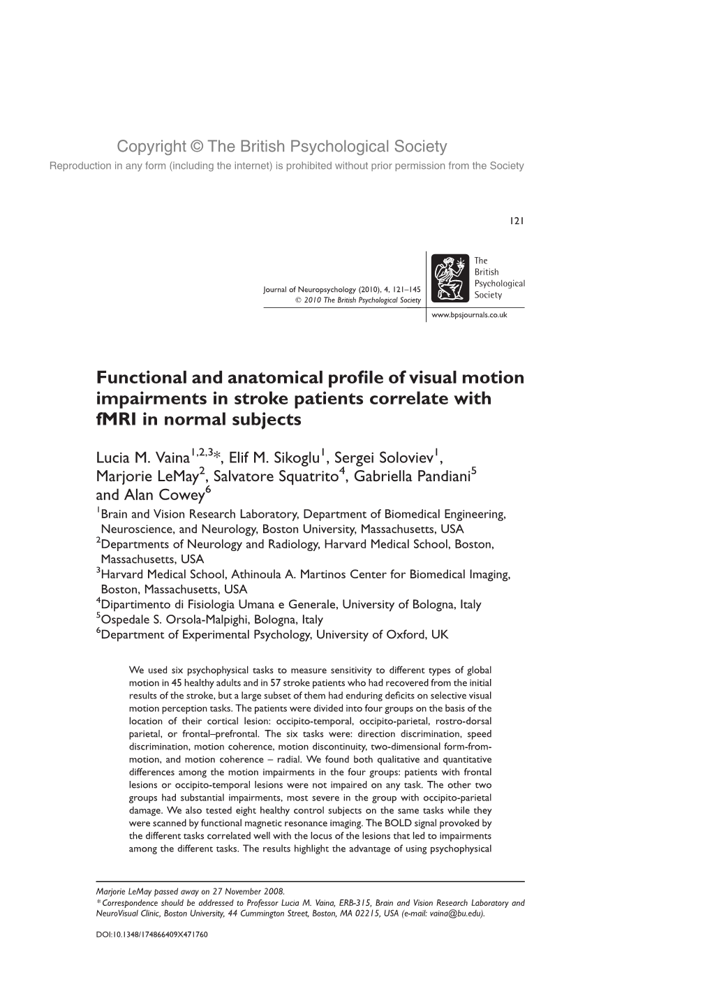 Functional and Anatomical Profile of Visual Motion Impairments in Stroke