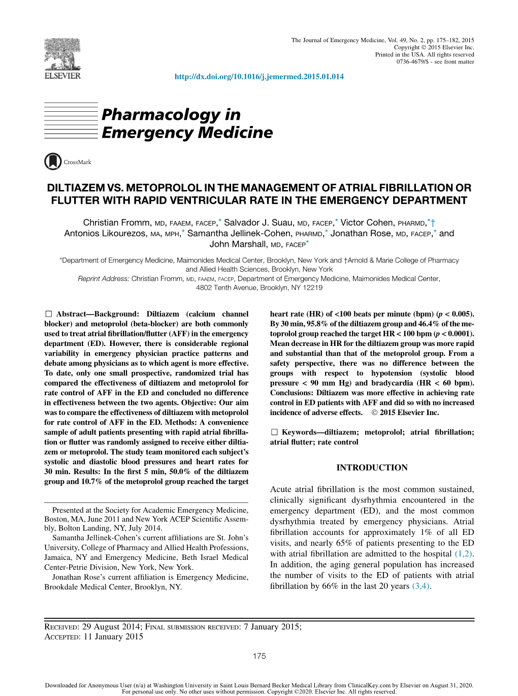 Diltiazem Vs. Metoprolol in the Management of Atrial Fibrillation Or Flutter with Rapid Ventricular Rate in the Emergency Department