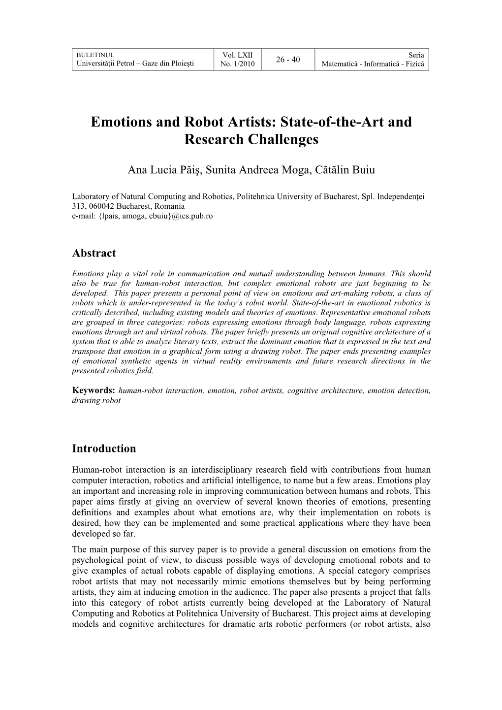 Emotions and Robot Artists: State-Of-The-Art and Research Challenges
