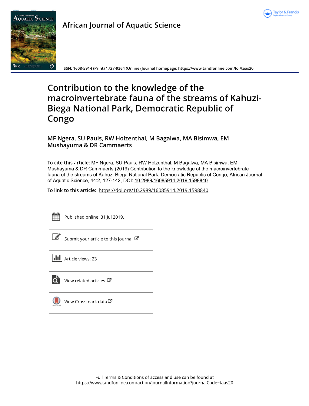 Contribution to the Knowledge of the Macroinvertebrate Fauna of the Streams of Kahuzi- Biega National Park, Democratic Republic of Congo
