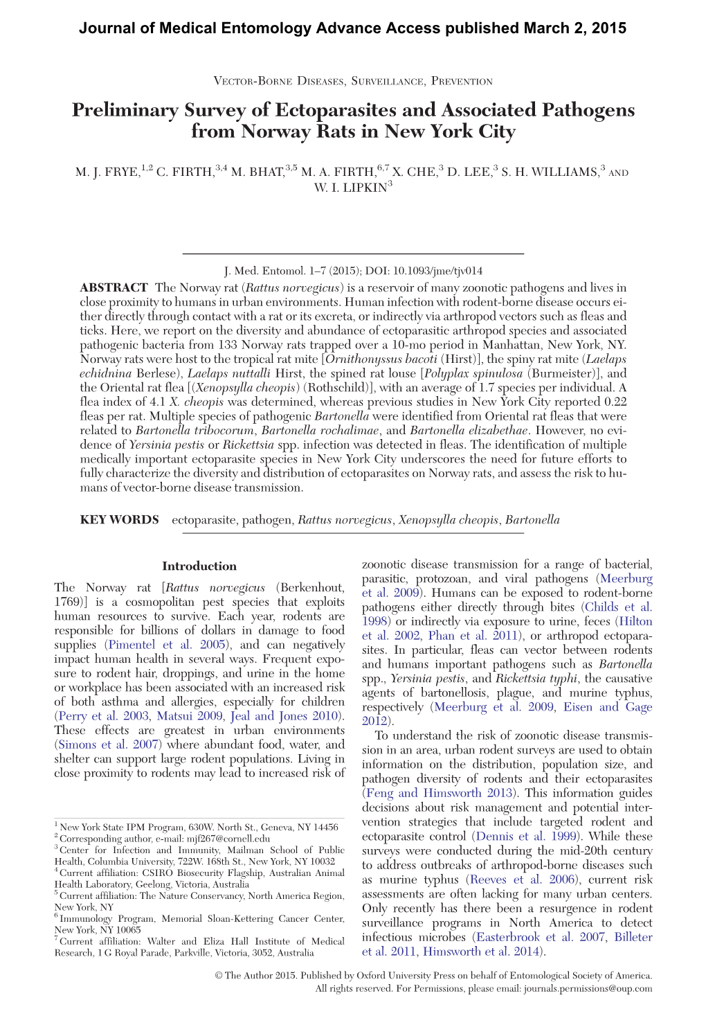 Preliminary Survey of Ectoparasites and Associated Pathogens from Norway Rats in New York City