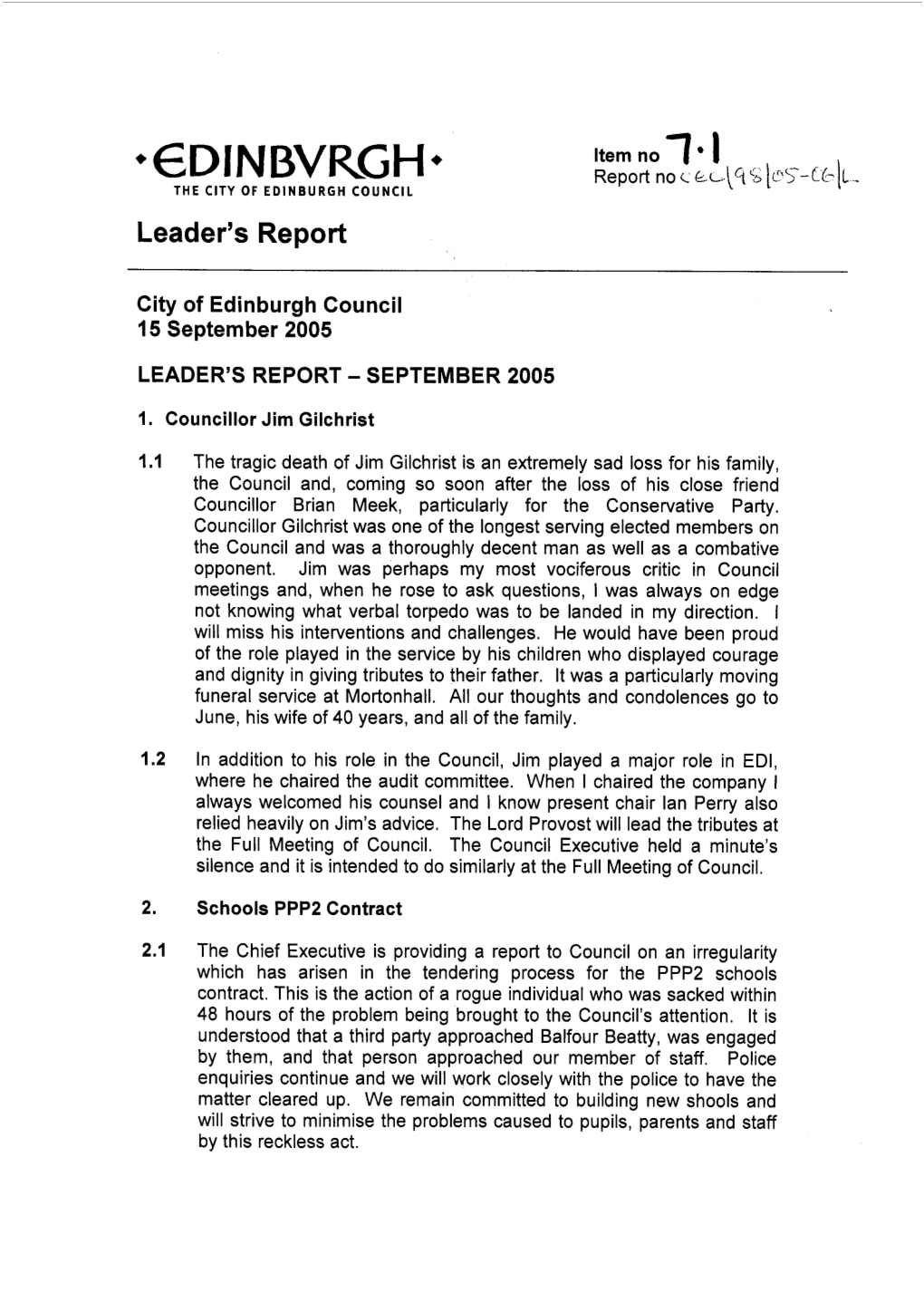GD I N BVRG H+ the CITY of EDINBURGH COUNCIL Leader’S Report