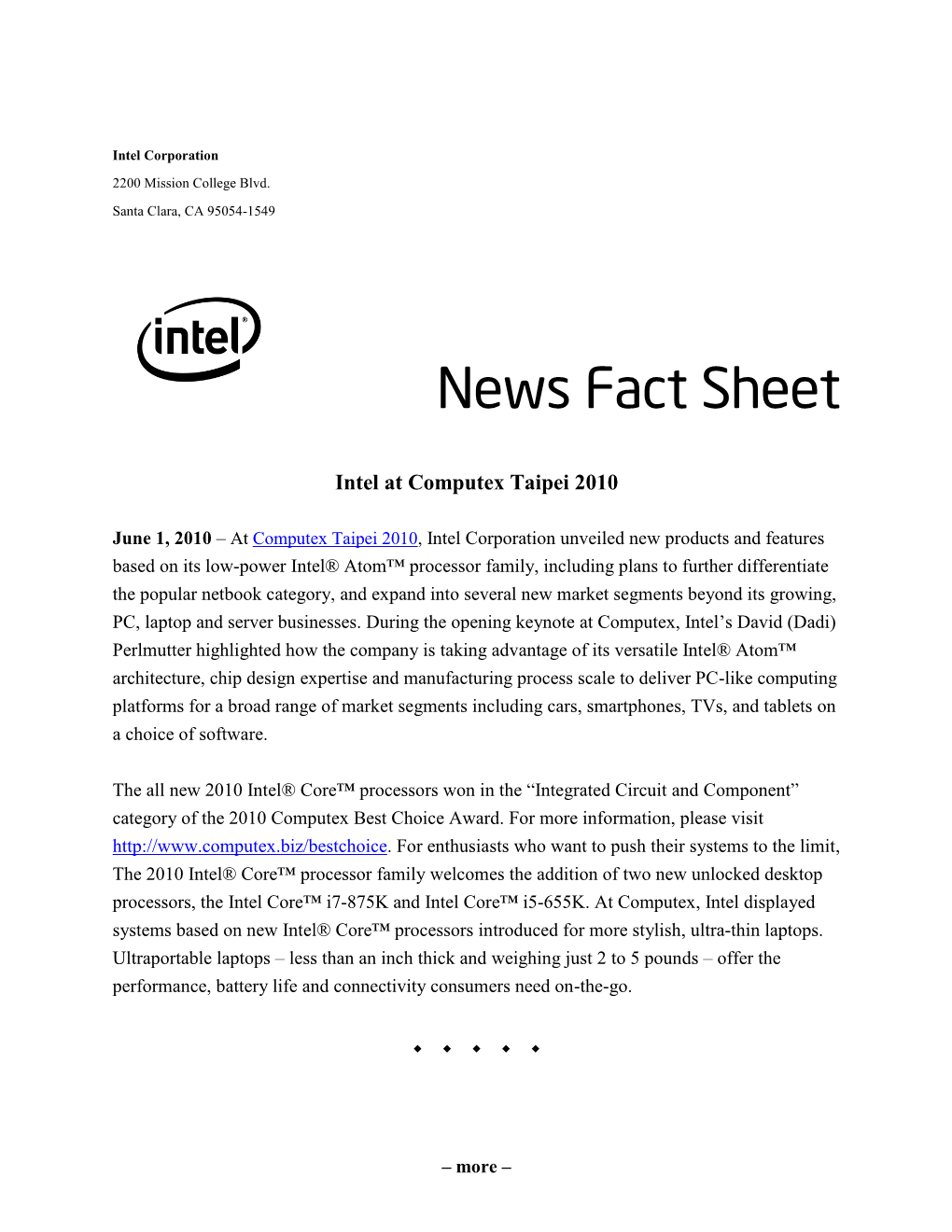 Fact Sheet: Intel at Computex Taipei 2010