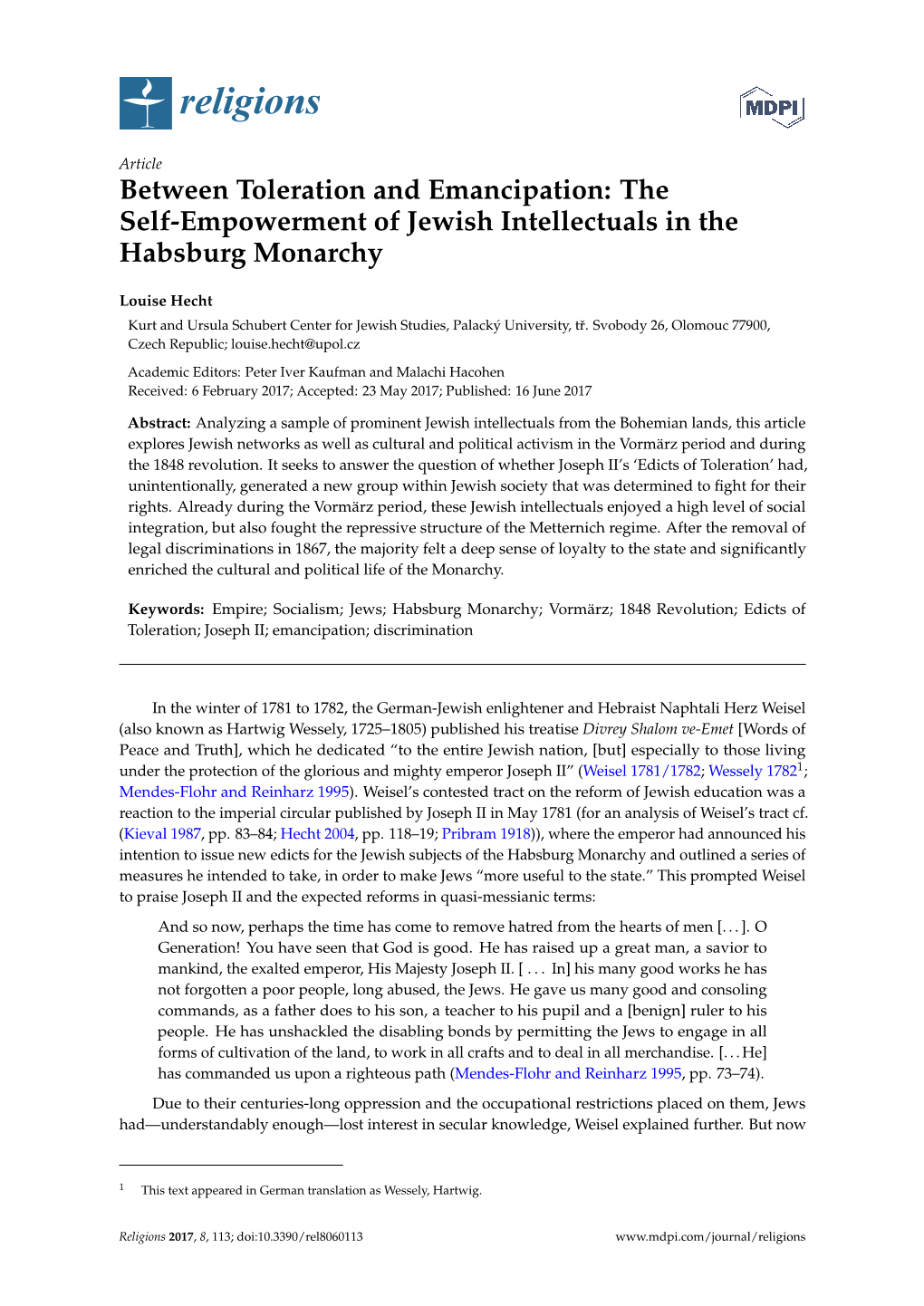 Between Toleration and Emancipation: the Self-Empowerment of Jewish Intellectuals in the Habsburg Monarchy