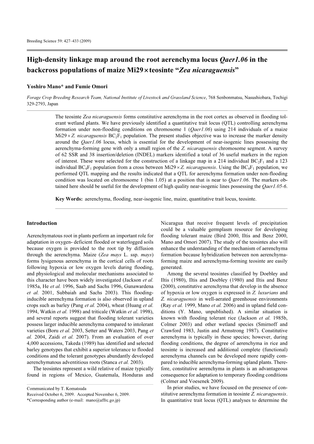 High-Density Linkage Map Around the Root Aerenchyma Locus Qaer1.06 in the Backcross Populations of Maize Mi29 × Teosinte “Zea Nicaraguensis”