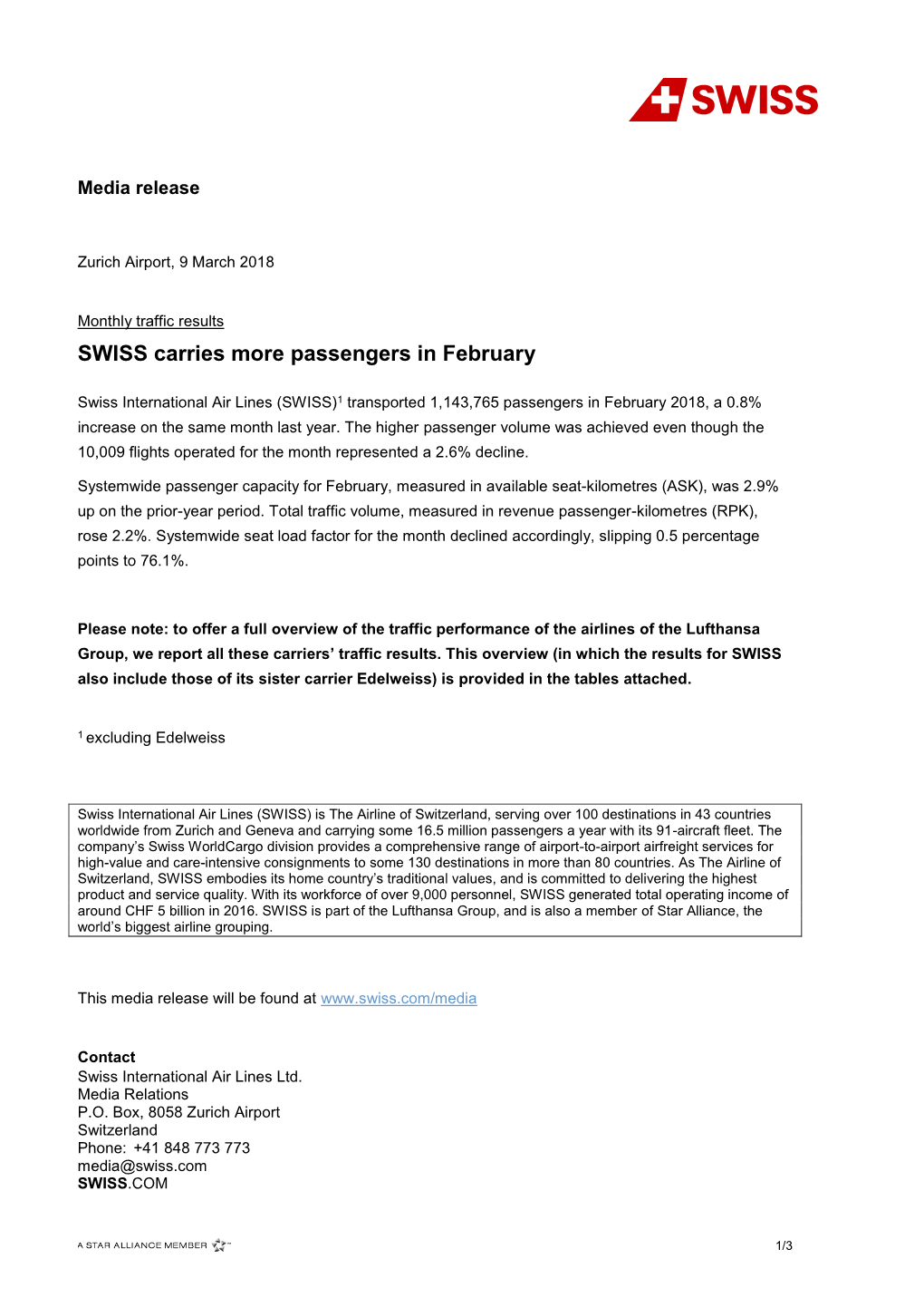 SWISS Carries More Passengers in February