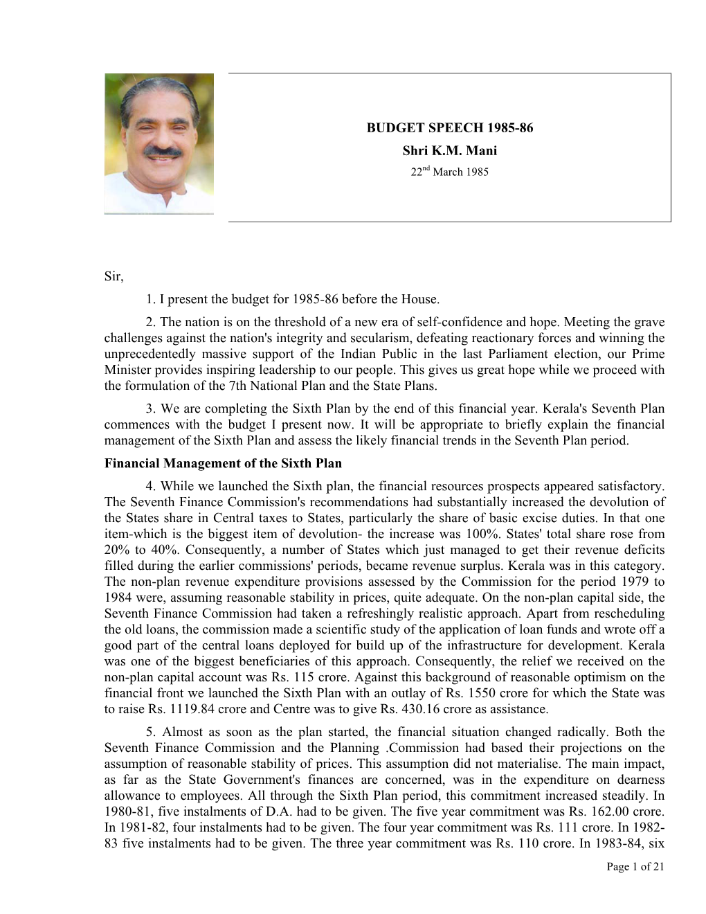 BUDGET SPEECH 1985-86 Shri KM Mani