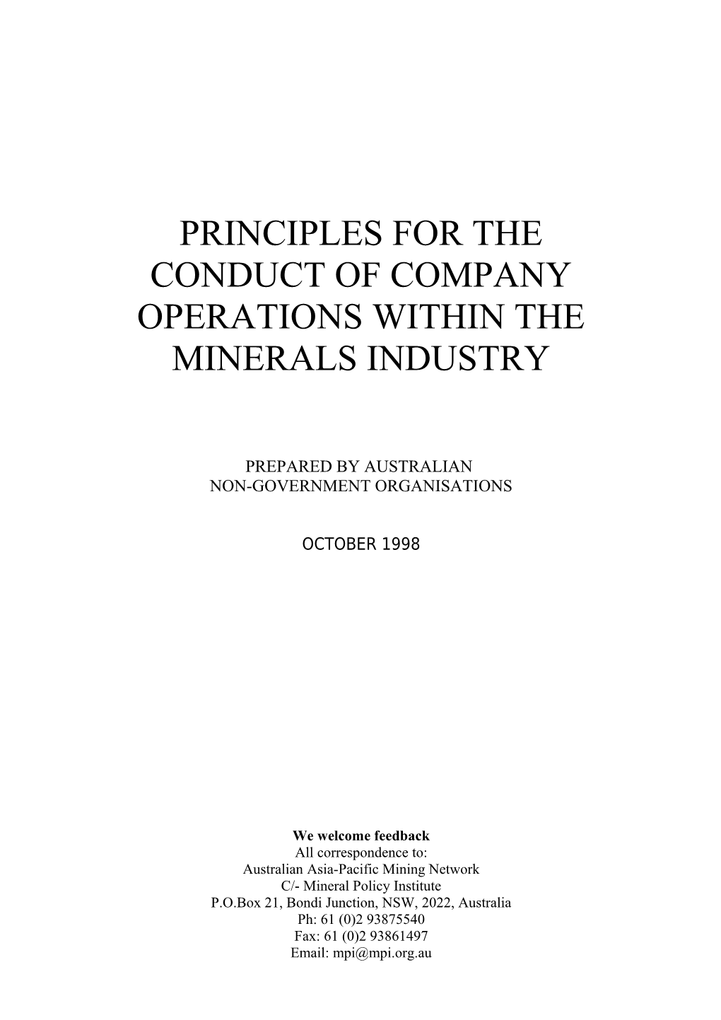 Principles for the Conduct of Company Operations Within the Minerals Industry