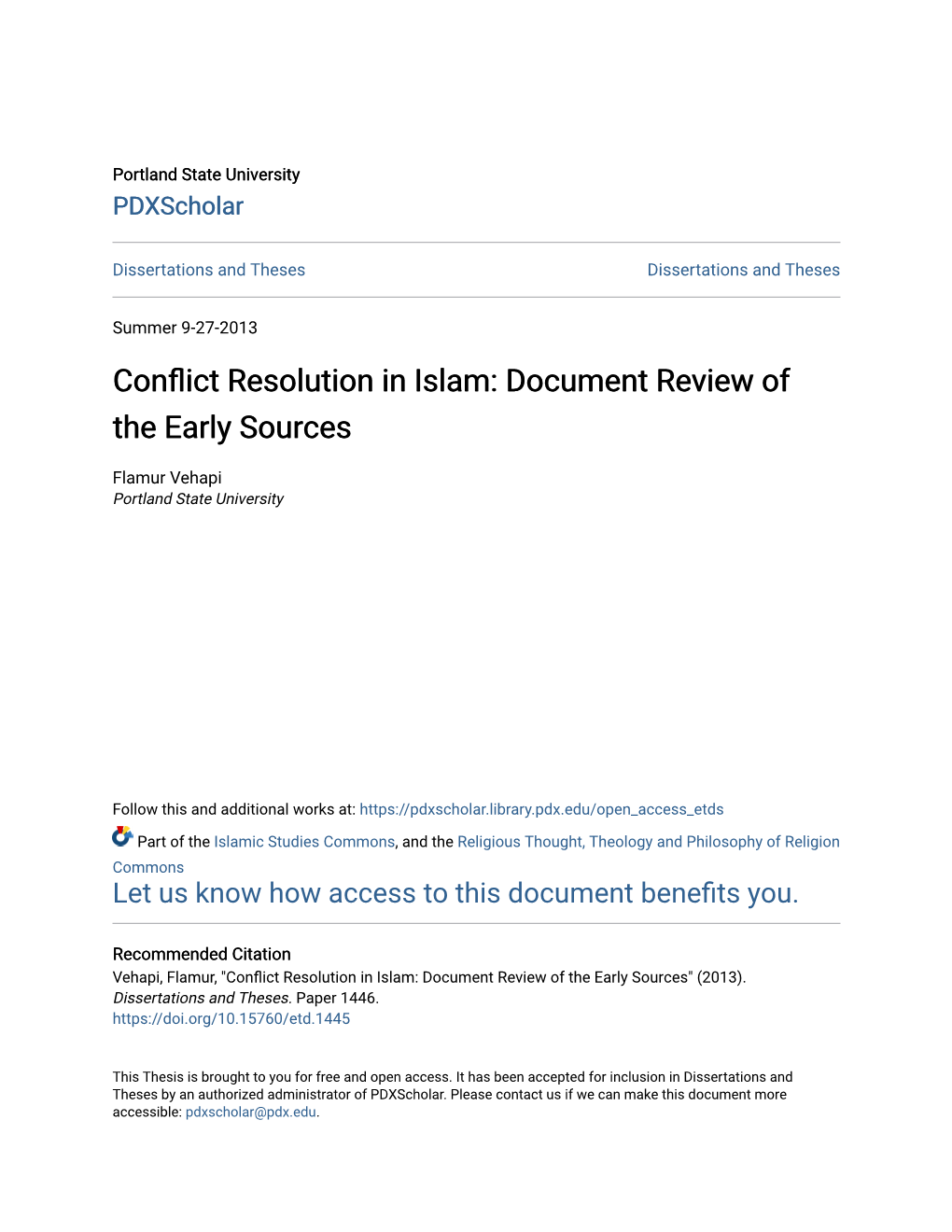 Conflict Resolution in Islam: Document Review of the Early Sources