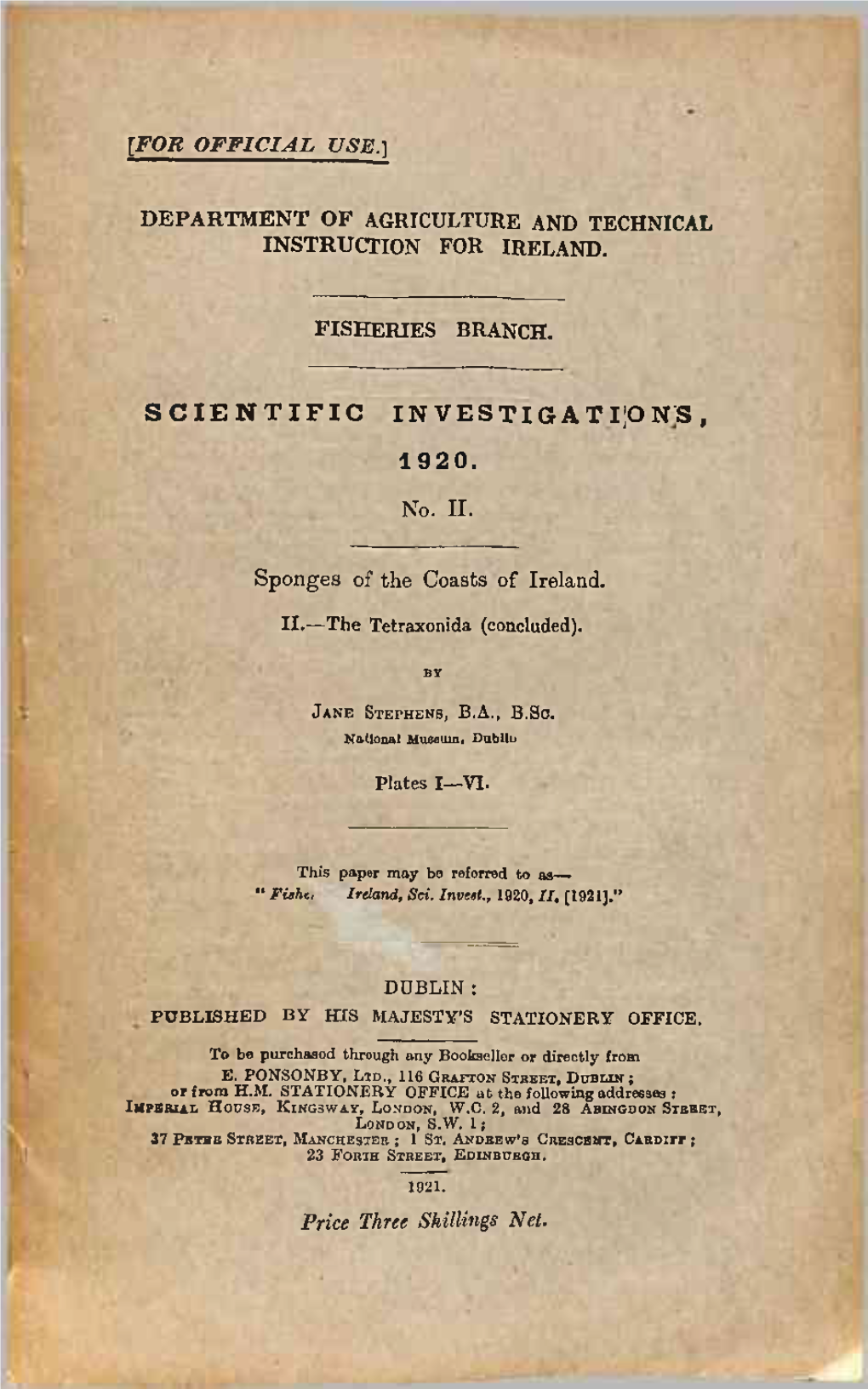 Scientific Investigation's, 1920