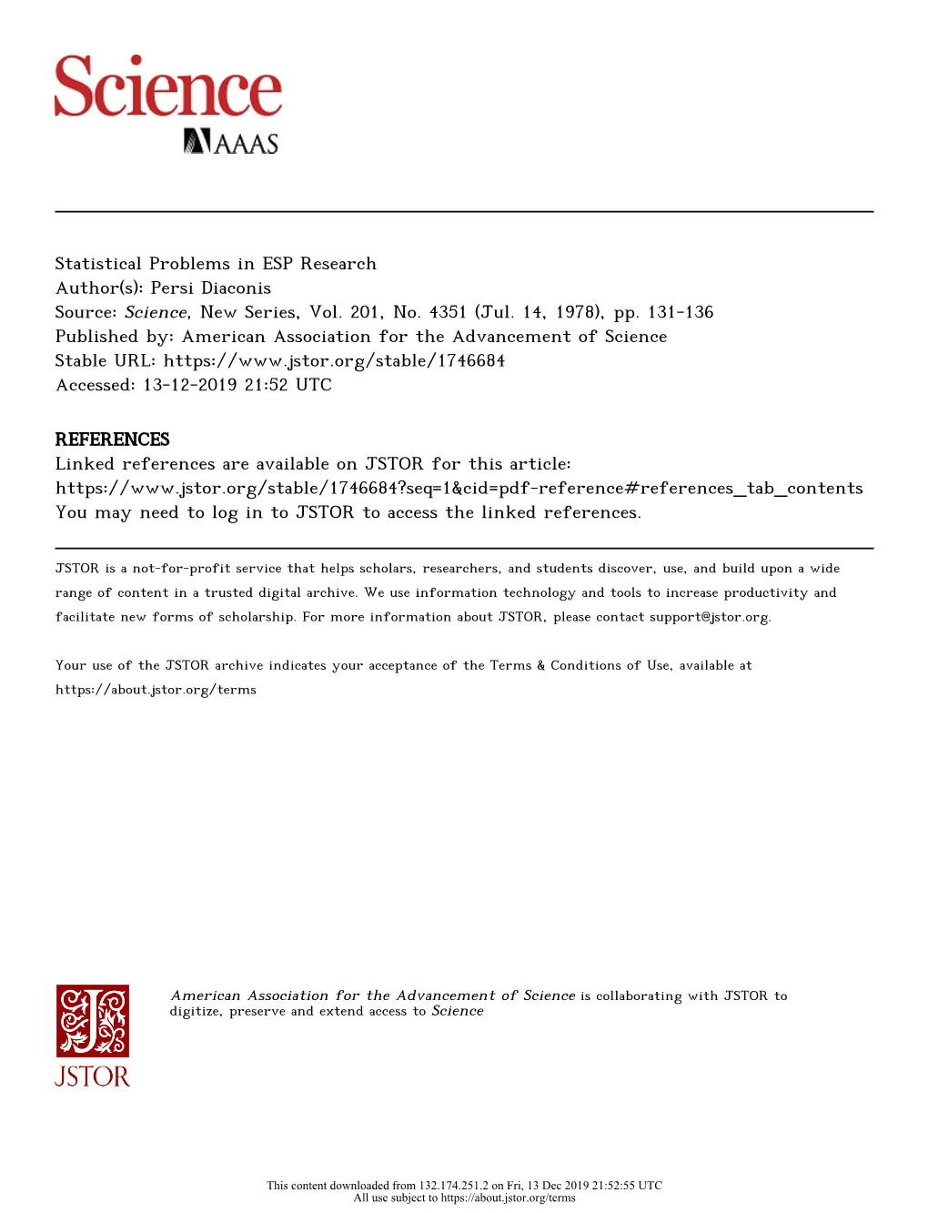 Statistical Problems in ESP Research Author(S): Persi Diaconis Source: Science, New Series, Vol