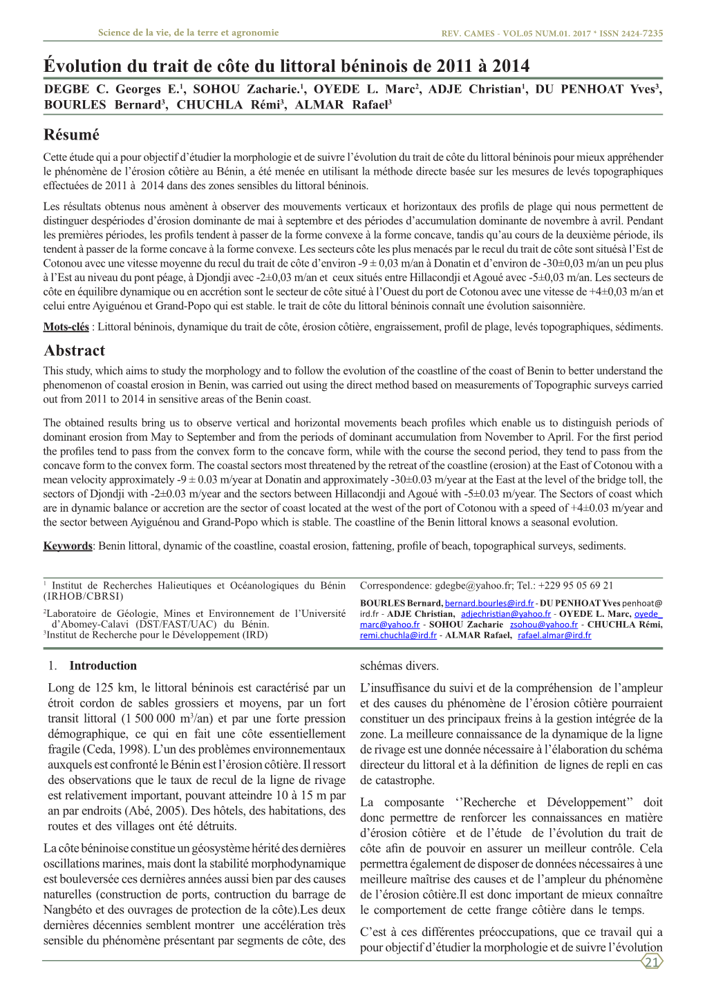 Évolution Du Trait De Côte Du Littoral Béninois De 2011 À 2014 DEGBE C