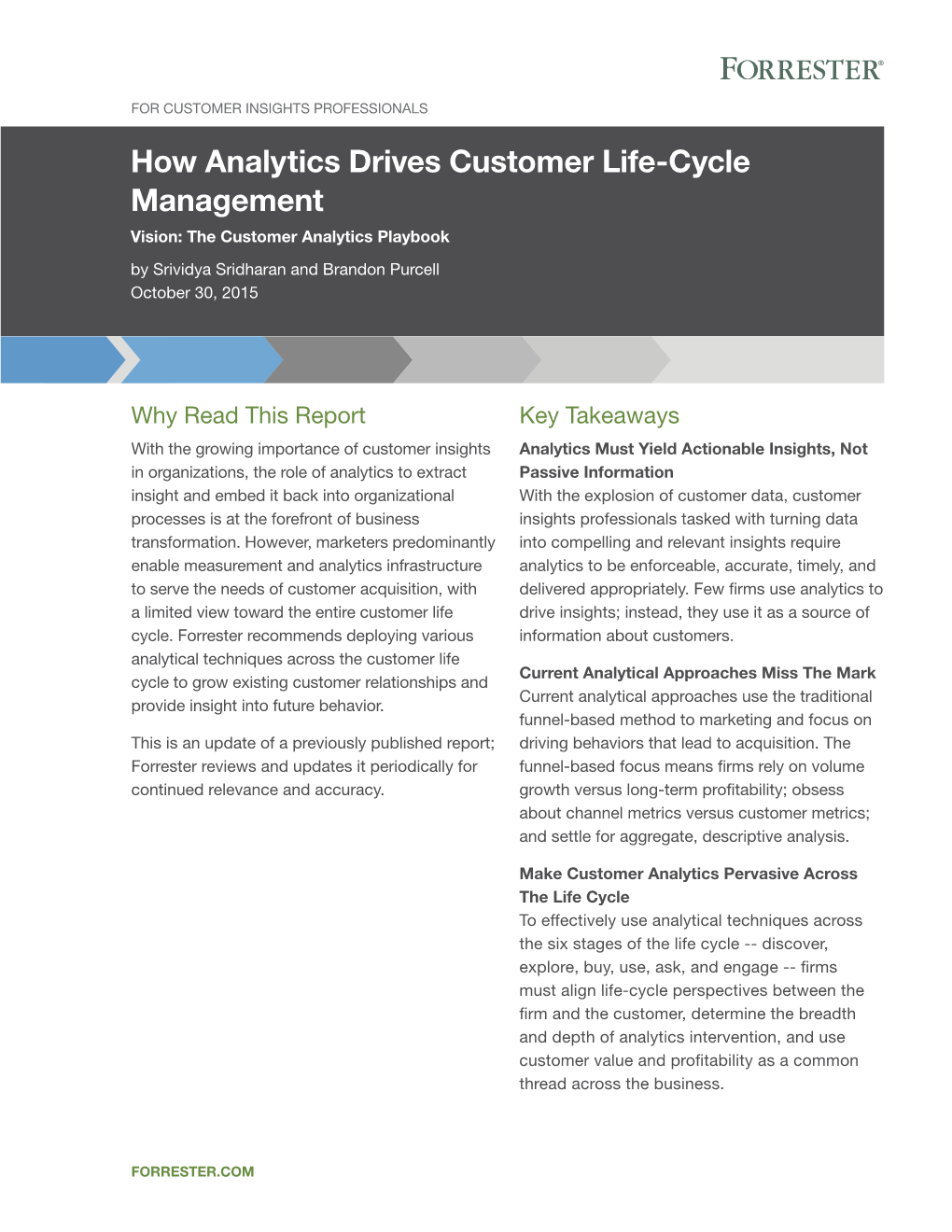 How Analytics Drives Customer Life-Cycle Management Vision: the Customer Analytics Playbook by Srividya Sridharan and Brandon Purcell October 30, 2015