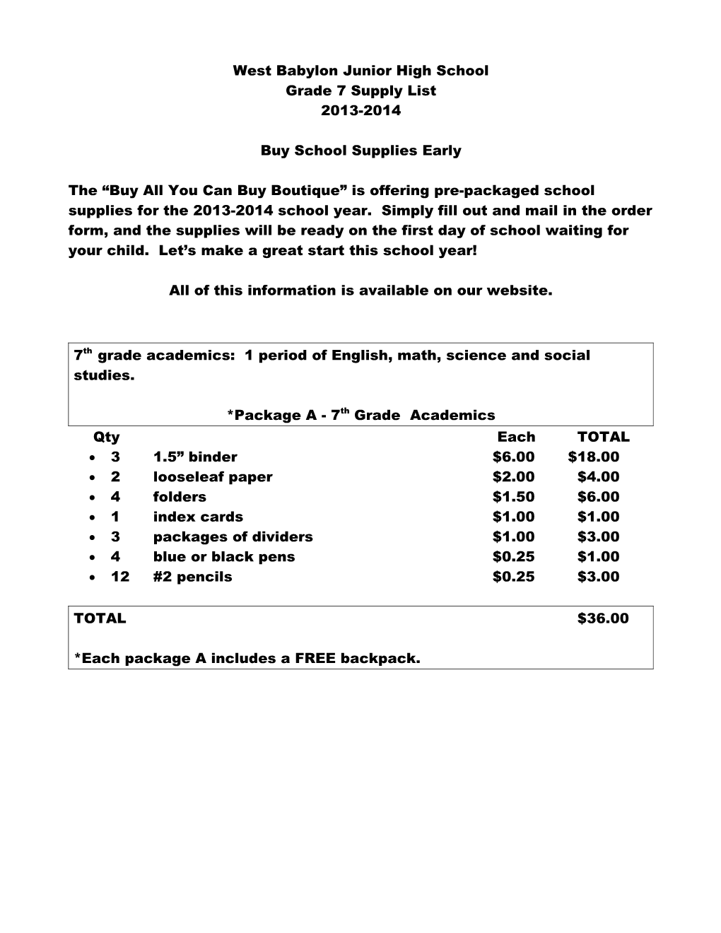 Grade 7 Supply List