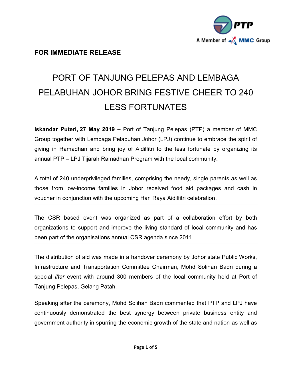 Port of Tanjung Pelepas and Lembaga Pelabuhan Johor Bring Festive Cheer to 240 Less Fortunates