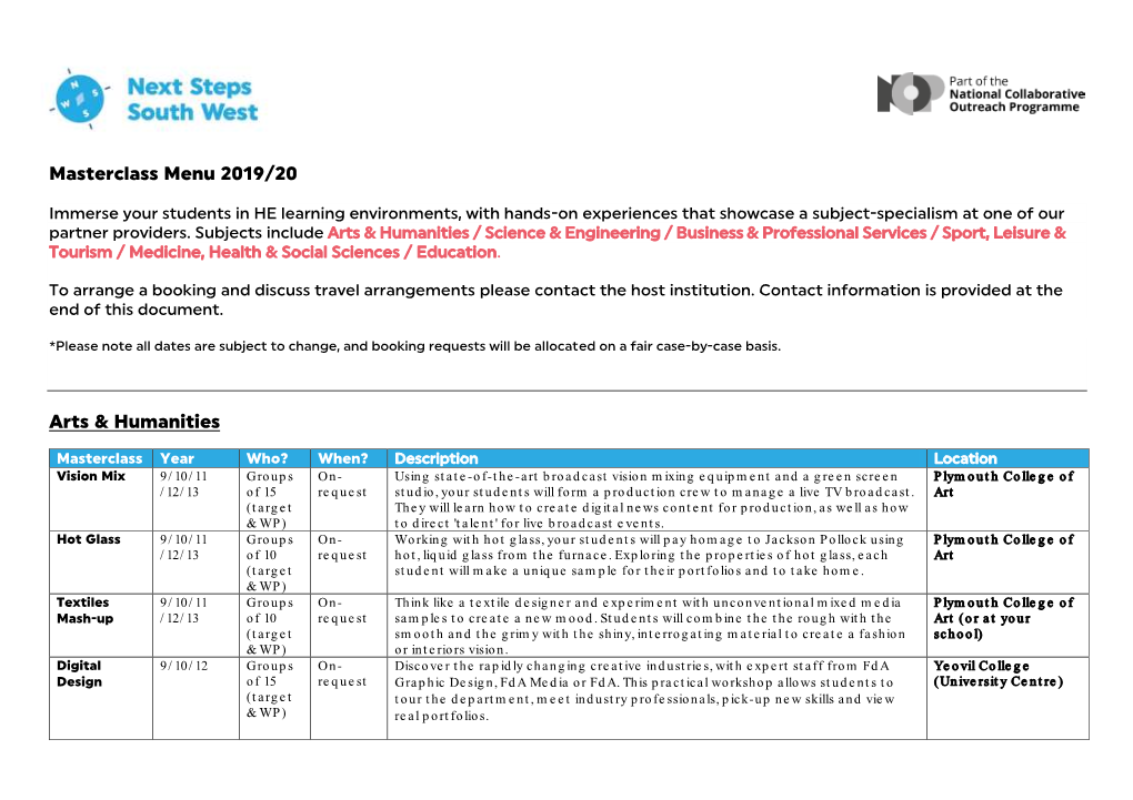 Masterclass Menu 2019/20 Arts & Humanities