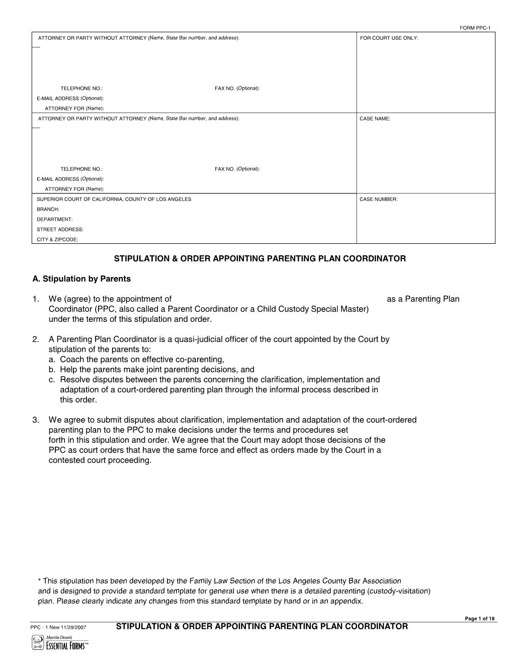Stipulation and Order Appointing Parenting Plan Coordinator (Form PPC-1) P