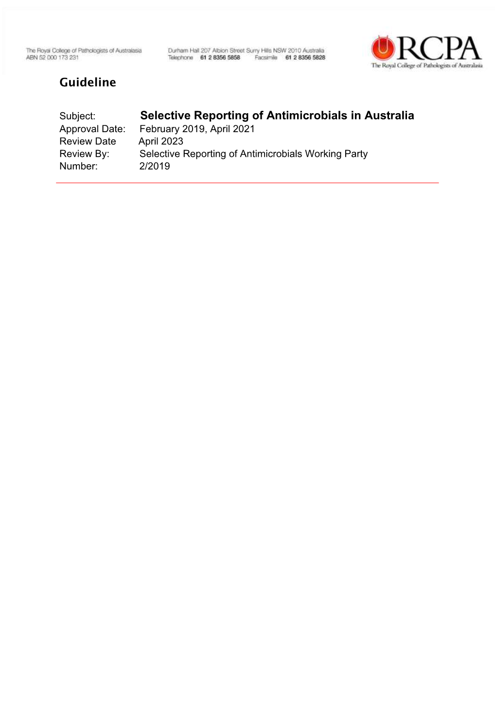 Guideline Selective Reporting of Antimicrobials in Australia