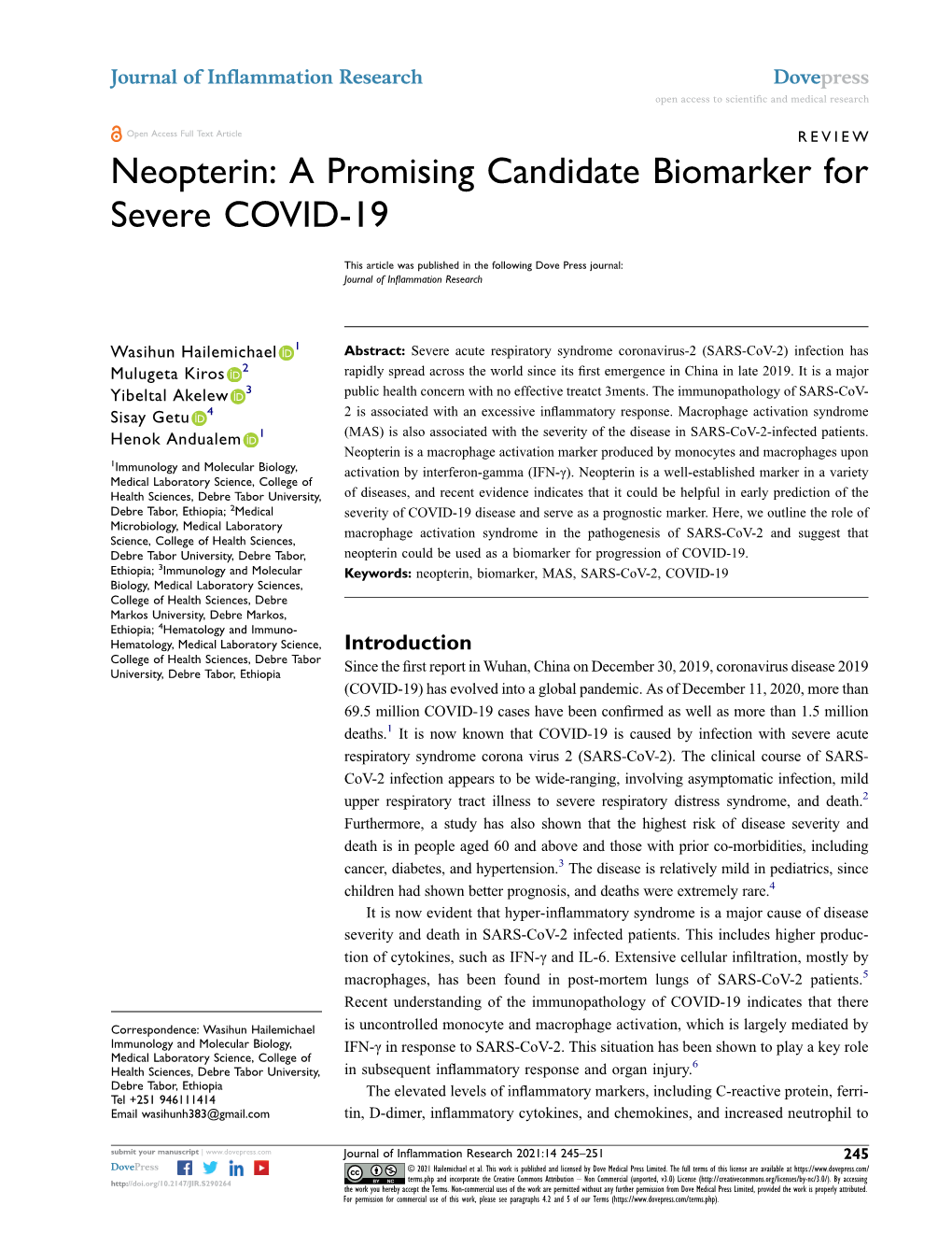 Neopterin: a Promising Candidate Biomarker for Severe COVID-19