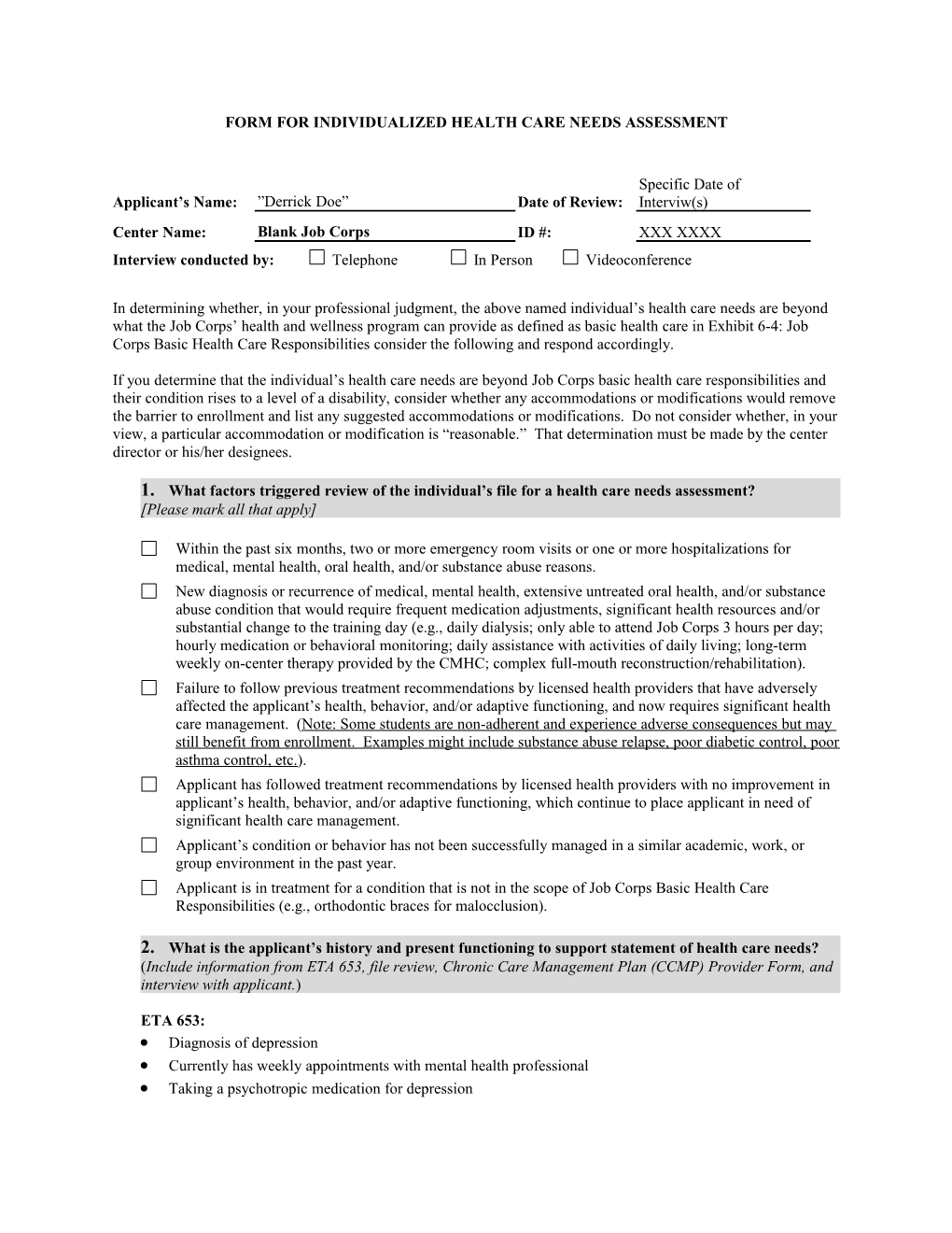 Sample Health Care Needs Assessment