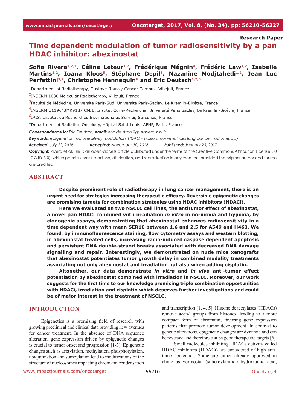 Time Dependent Modulation of Tumor Radiosensitivity by a Pan HDAC Inhibitor: Abexinostat