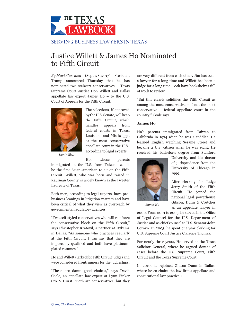 Justice Willett & James Ho Nominated to Fifth Circuit