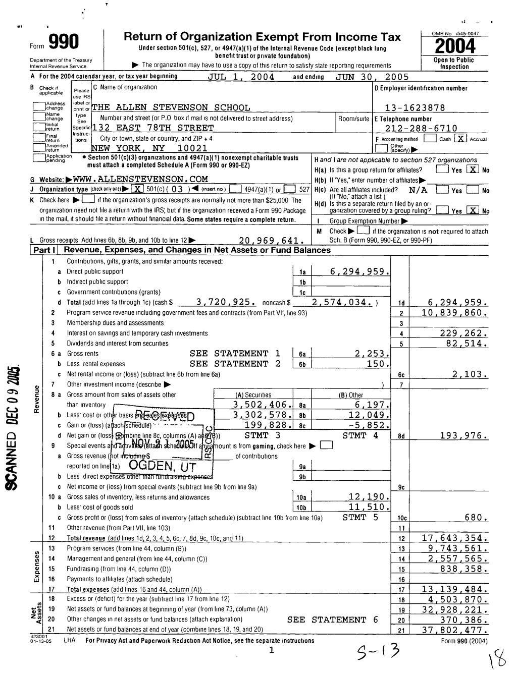 A ., Return of Organization Exempt from Income Tax OMB NO 1545