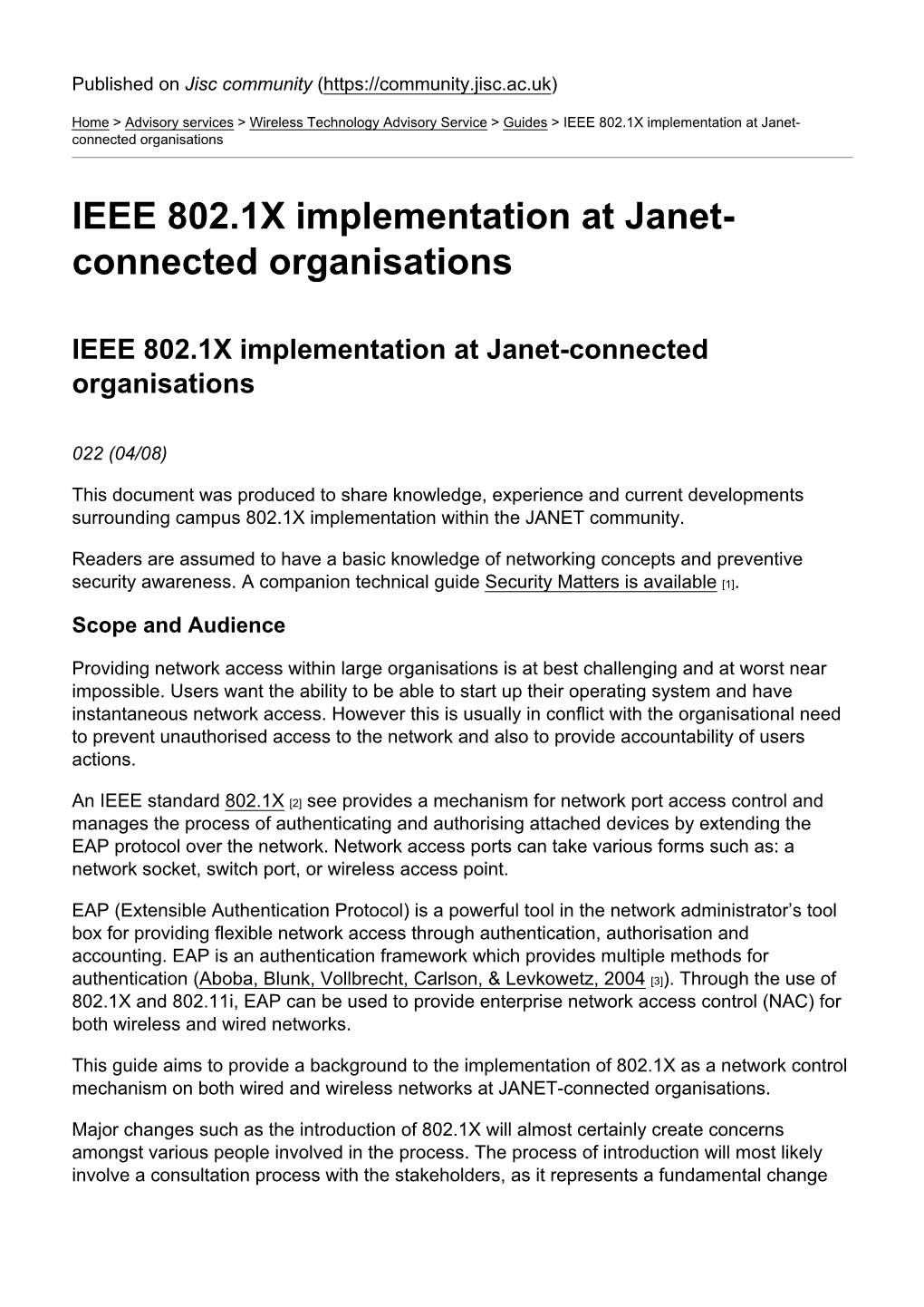 IEEE 802.1X Implementation at Janet-Connected Organisations