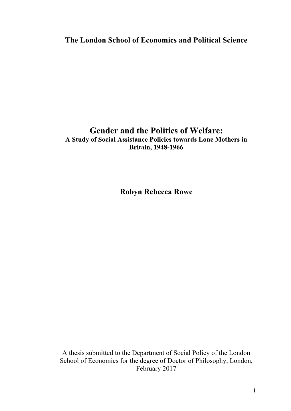 Gender and the Politics of Welfare: a Study of Social Assistance Policies Towards Lone Mothers in Britain, 1948-1966