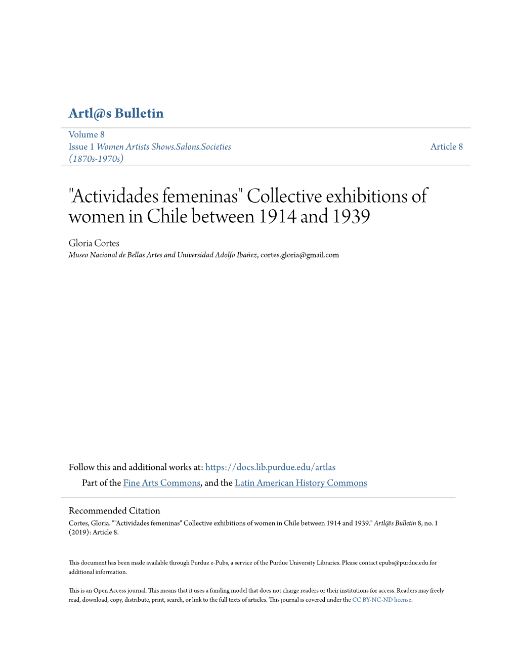 Collective Exhibitions of Women in Chile Between 1914 and 1939 Gloria Cortes Museo Nacional De Bellas Artes and Universidad Adolfo Ibañez, Cortes.Gloria@Gmail.Com