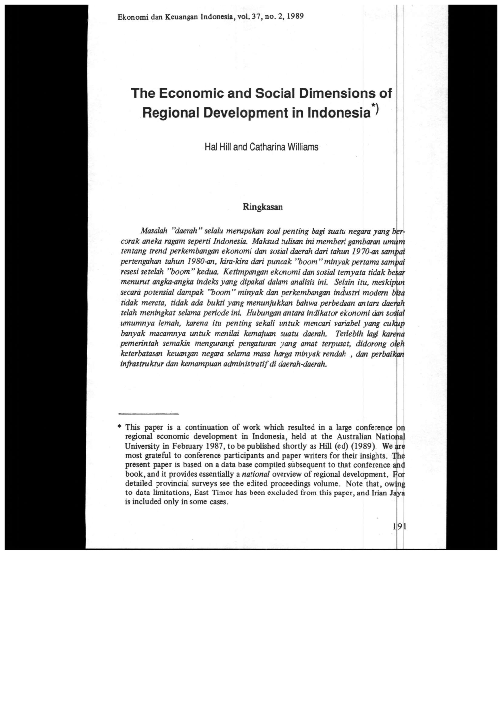 The Economic and Social Dimensions of Regional Development in Indonesia*^