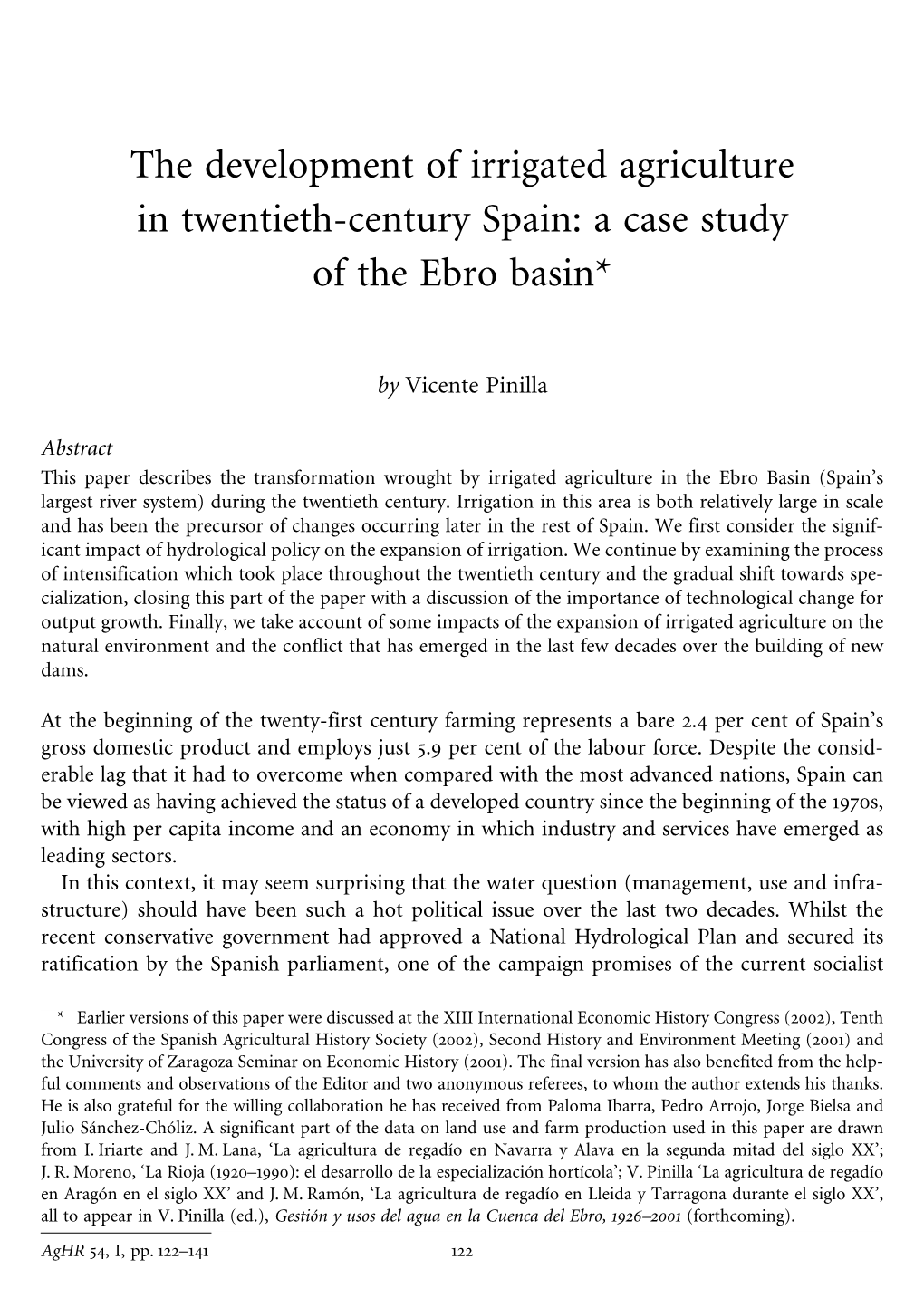 The Development of Irrigated Agriculture in Twentieth-Century Spain: a Case Study of the Ebro Basin*