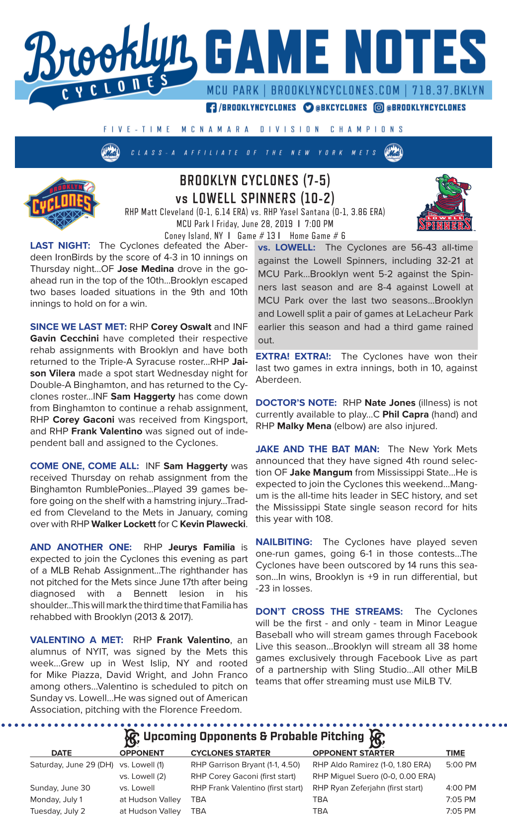 BROOKLYN CYCLONES (7-5) Vs LOWELL SPINNERS (10-2) RHP Matt Cleveland (0-1, 6.14 ERA) Vs