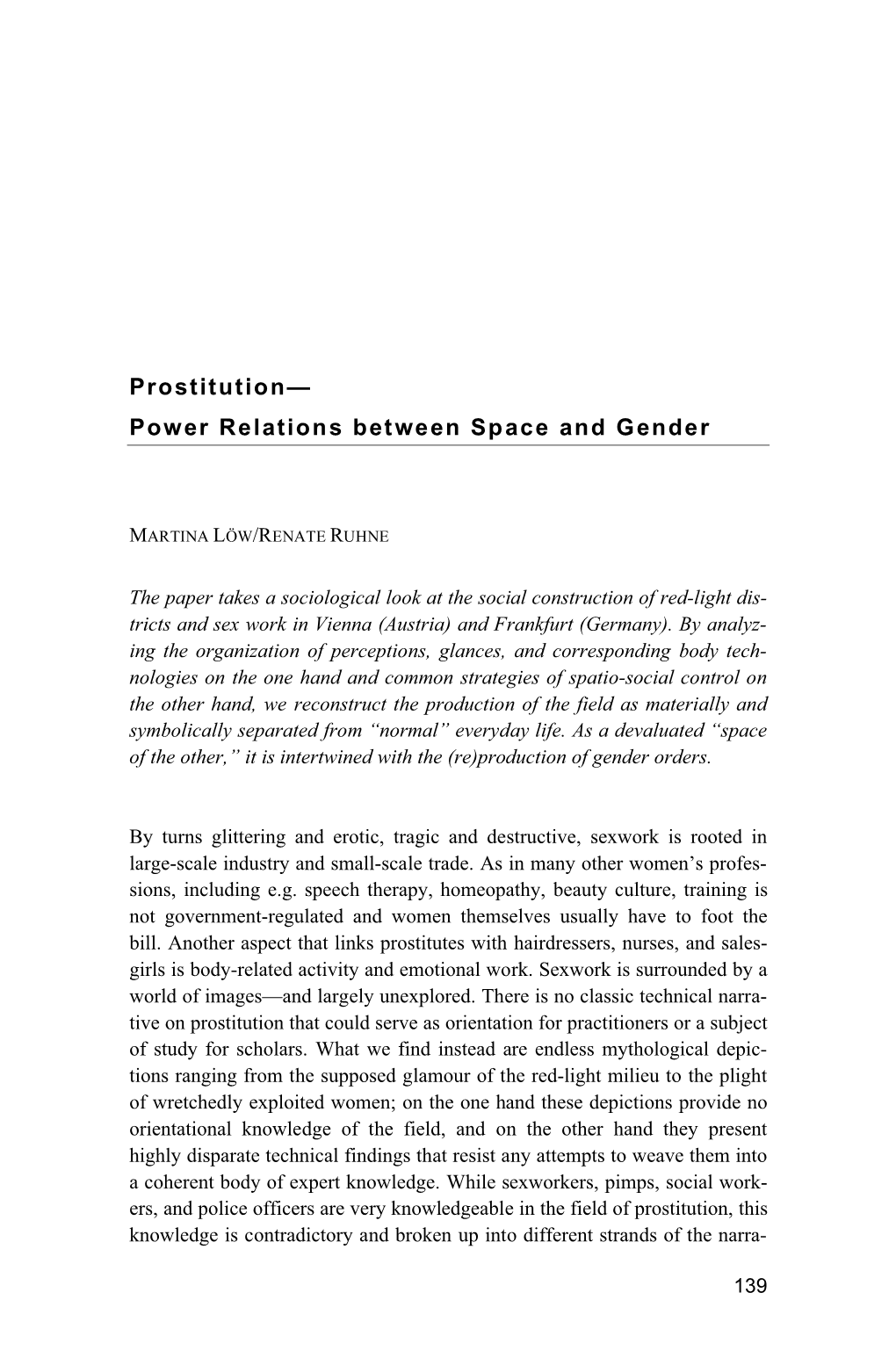 Prostitution— Power Relations Between Space and Gender