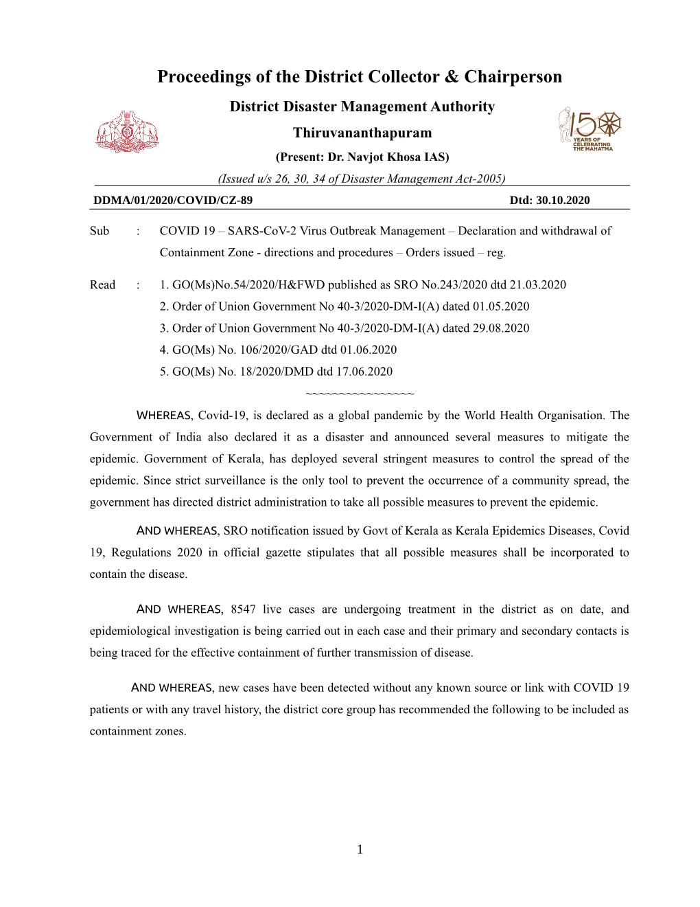 Proceedings of the District Collector & Chairperson