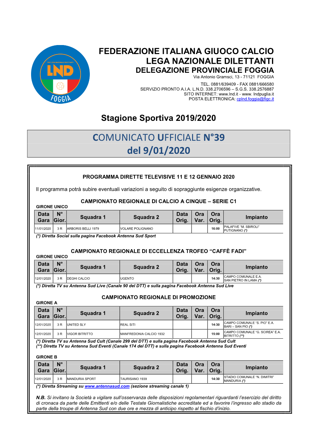 COMUNICATO UFFICIALE N°39 Del 9/01/2020