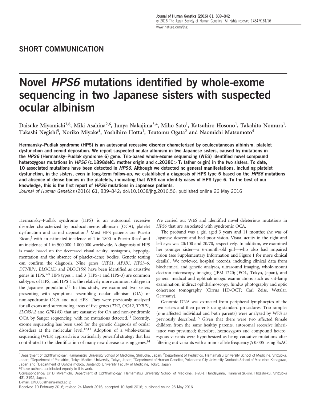 Novel HPS6 Mutations Identified by Whole-Exome Sequencing in Two